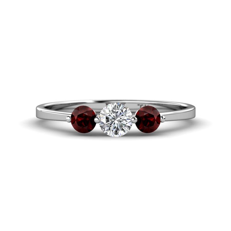 Shirley 5.00 mm Round Diamond and Red Garnet Three Stone Engagement Ring 