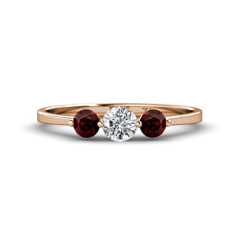 Shirley 5.00 mm Round Diamond and Red Garnet Three Stone Engagement Ring 