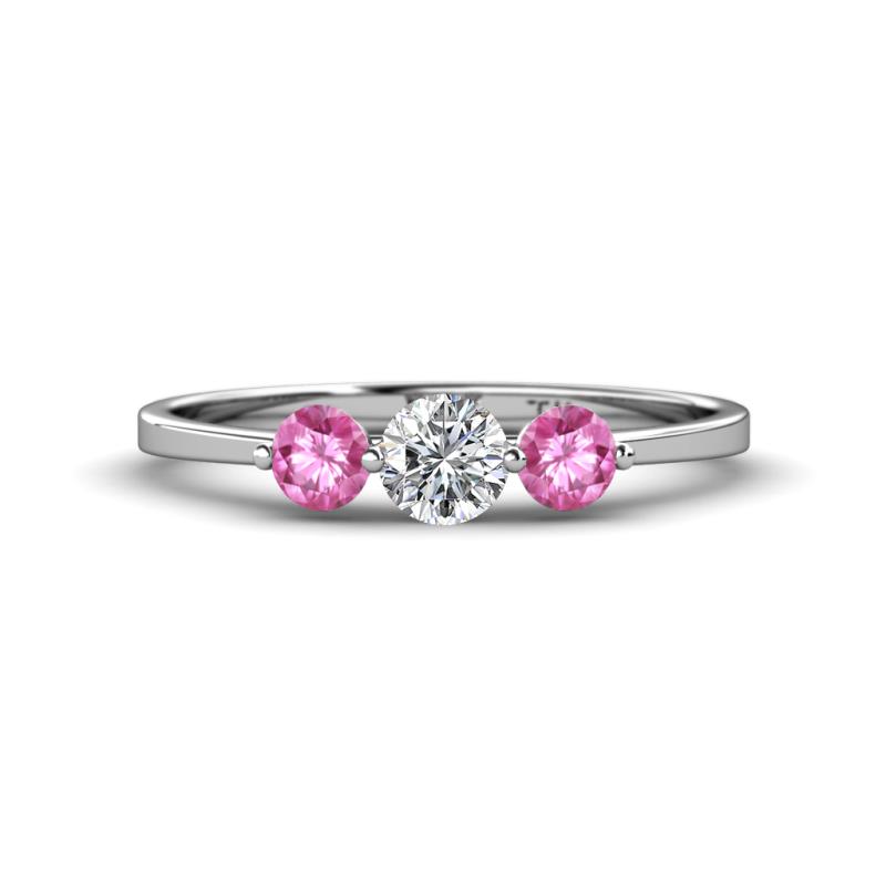 Shirley 5.00 mm Round Diamond and Pink Sapphire Three Stone Engagement Ring 