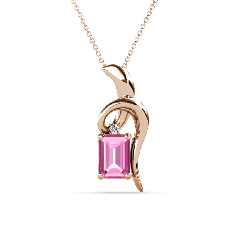 Evana 7x5 mm Emerald Cut Pink Sapphire and Round Diamond Accent Ribbon Pendant Necklace 