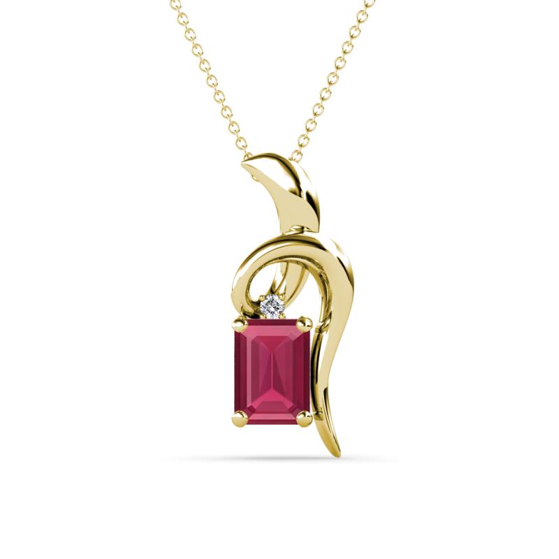 Evana 7x5 mm Emerald Cut Rhodolite Garnet and Round Diamond Accent Ribbon Pendant Necklace 