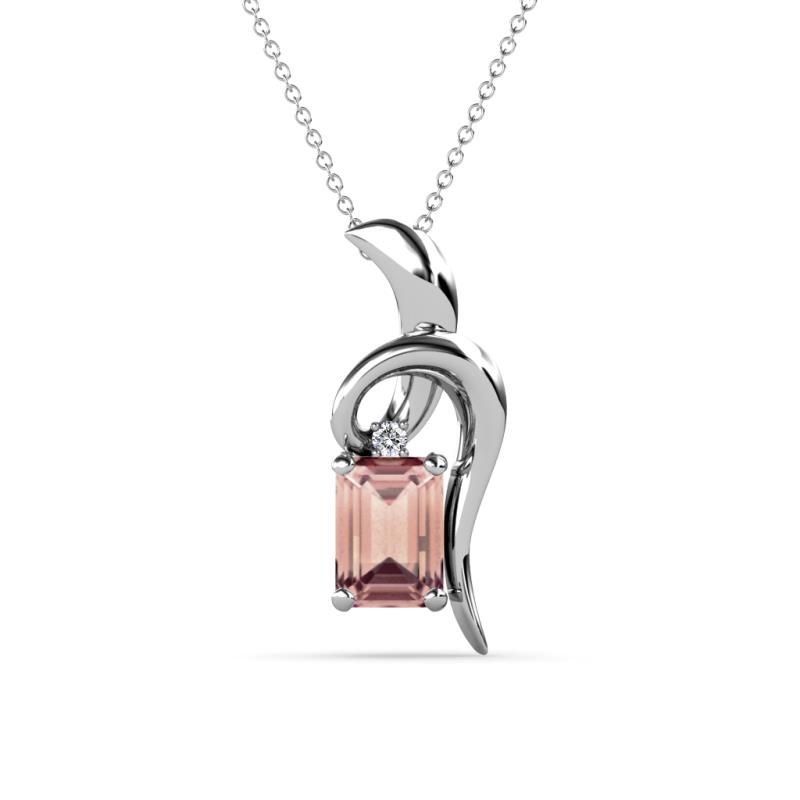 Evana 7x5 mm Emerald Cut Morganite and Round Diamond Accent Ribbon Pendant Necklace 