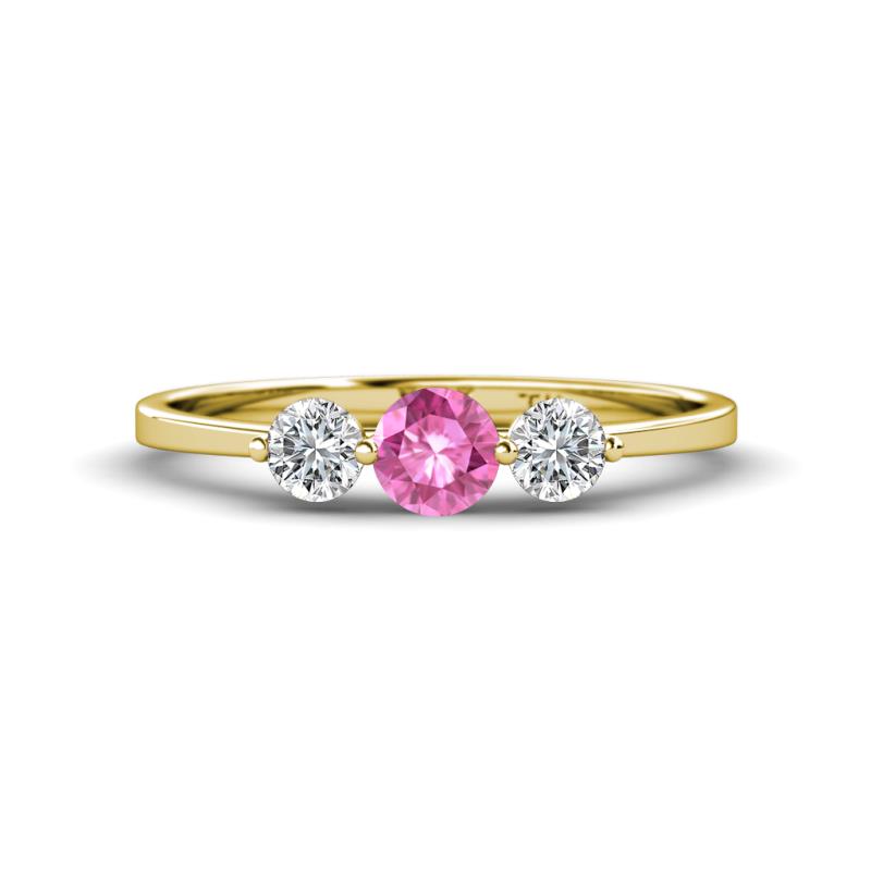 Shirley 5.00 mm Round Lab Created Pink Sapphire and Forever Brilliant Moissanite Three Stone Engagement Ring 