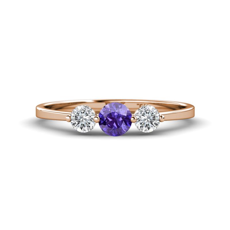 Shirley 5.00 mm Round Iolite and Forever Brilliant Moissanite Three Stone Engagement Ring 