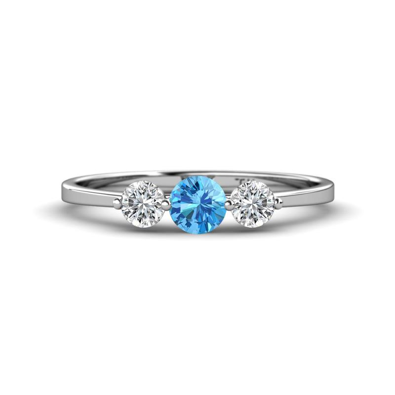 Shirley 5.00 mm Round Blue Topaz and Forever One Moissanite Three Stone Engagement Ring 