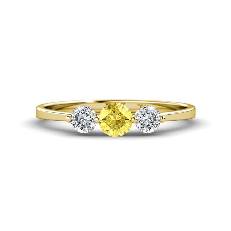 Shirley 5.00 mm Round Lab Created Yellow Sapphire and Forever One Moissanite Three Stone Engagement Ring 