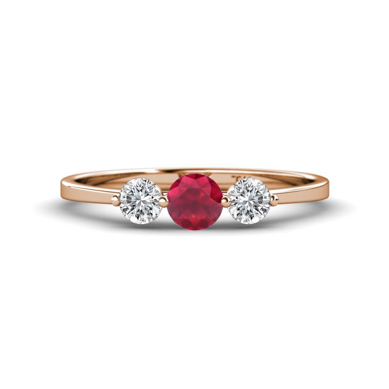 Shirley 5.00 mm Round Ruby and Forever One Moissanite Three Stone Engagement Ring 