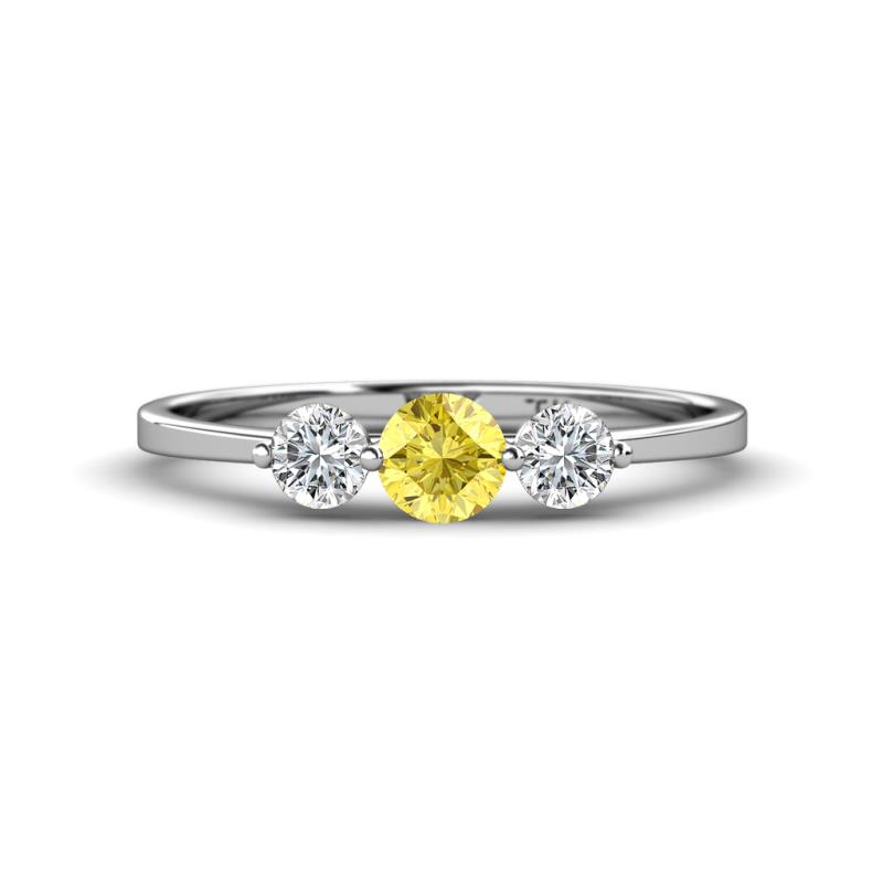 Shirley 5.00 mm Round Lab Created Yellow Sapphire and Forever Brilliant Moissanite Three Stone Engagement Ring 
