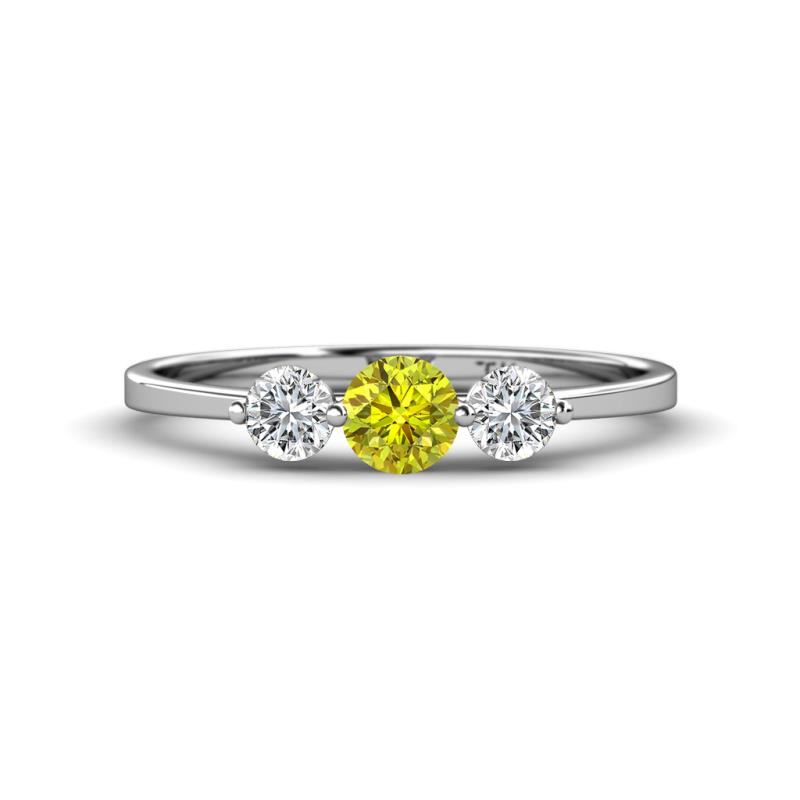 Shirley 5.00 mm Round Yellow Diamond and Forever Brilliant Moissanite Three Stone Engagement Ring 