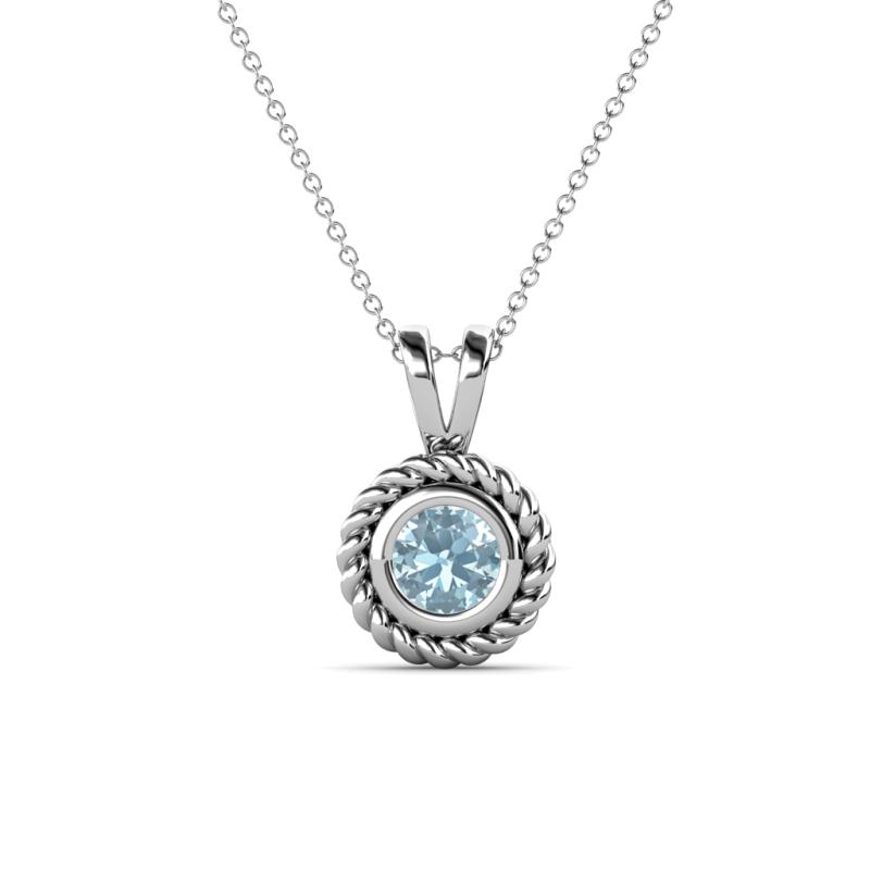 Juliya 5.00 mm Round Aquamarine Rope Edge Bezel Set Solitaire Pendant Necklace 