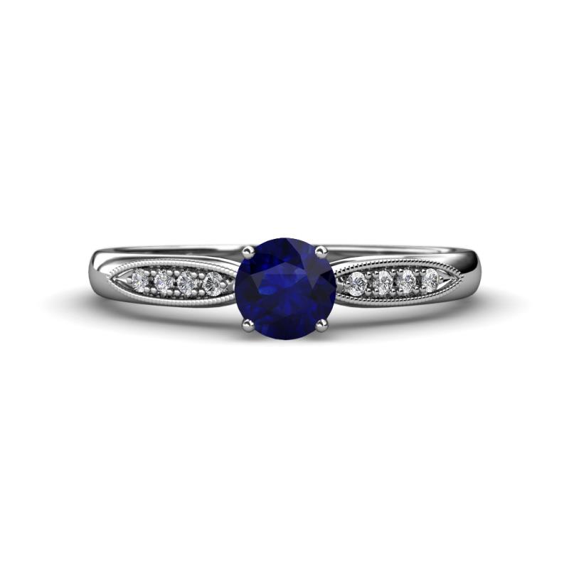 Agnes Classic Round Center Blue Sapphire Accented with Diamond in Milgrain Engagement Ring 