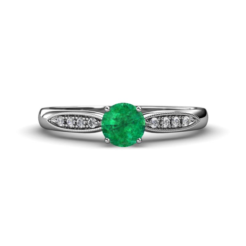 Agnes Classic Round Center Emerald Accented with Diamond in Milgrain Engagement Ring 