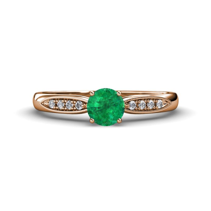 Agnes Classic Round Center Emerald Accented with Diamond in Milgrain Engagement Ring 