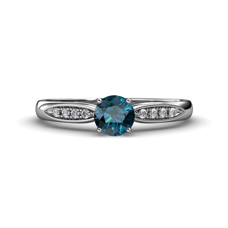 Agnes Classic Round Center Blue Diamond Accented with White Diamond in Milgrain Engagement Ring 