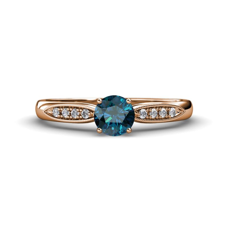 Agnes Classic Round Center Blue Diamond Accented with White Diamond in Milgrain Engagement Ring 