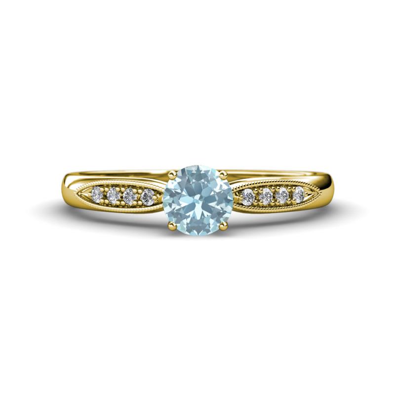 Agnes Classic Round Center Aquamarine Accented with Diamond in Milgrain Engagement Ring 