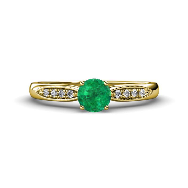 Agnes Classic Round Center Emerald Accented with Diamond in Milgrain Engagement Ring 