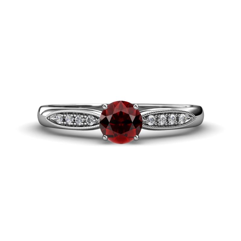 Agnes Classic Round Center Red Garnet Accented with Diamond in Milgrain Engagement Ring 