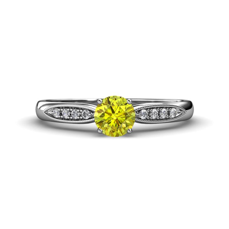 Agnes Classic Round Center Yellow Diamond Accented with White Diamond in Milgrain Engagement Ring 