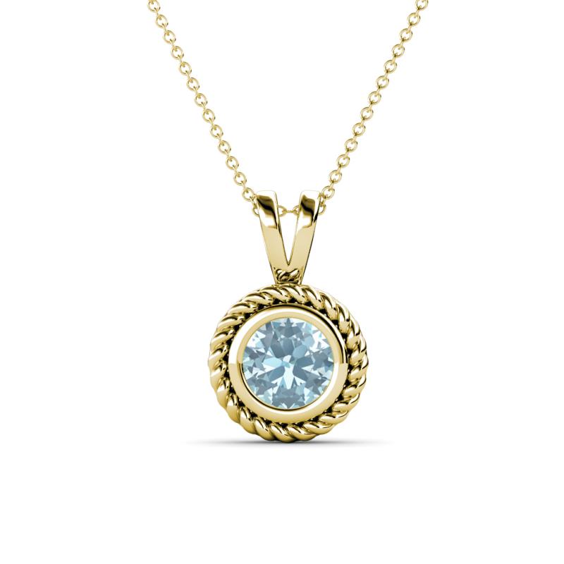 Juliya 6.50 mm Round Aquamarine Rope Edge Bezel Set Solitaire Pendant Necklace 