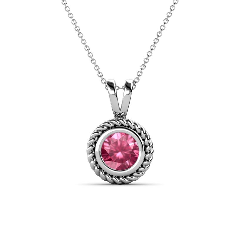 Juliya 6.50 mm Round Pink Tourmaline Rope Edge Bezel Set Solitaire Pendant Necklace 
