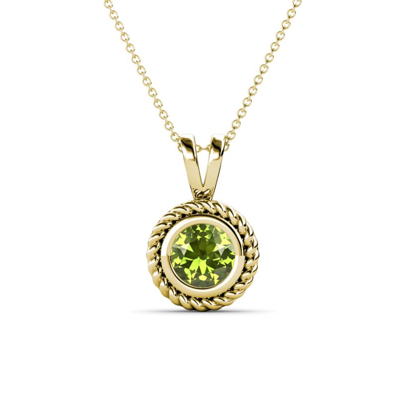 Juliya 6.50 mm Round Peridot Rope Edge Bezel Set Solitaire Pendant Necklace 