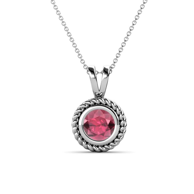 Juliya 6.50 mm Round Rhodolite Garnet Rope Edge Bezel Set Solitaire Pendant Necklace 