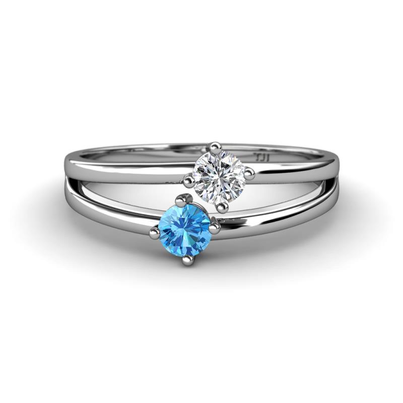 Ria 4.00 mm Round Blue Topaz and Lab Grown Diamond Split Shank 2 Stone Engagement Ring 