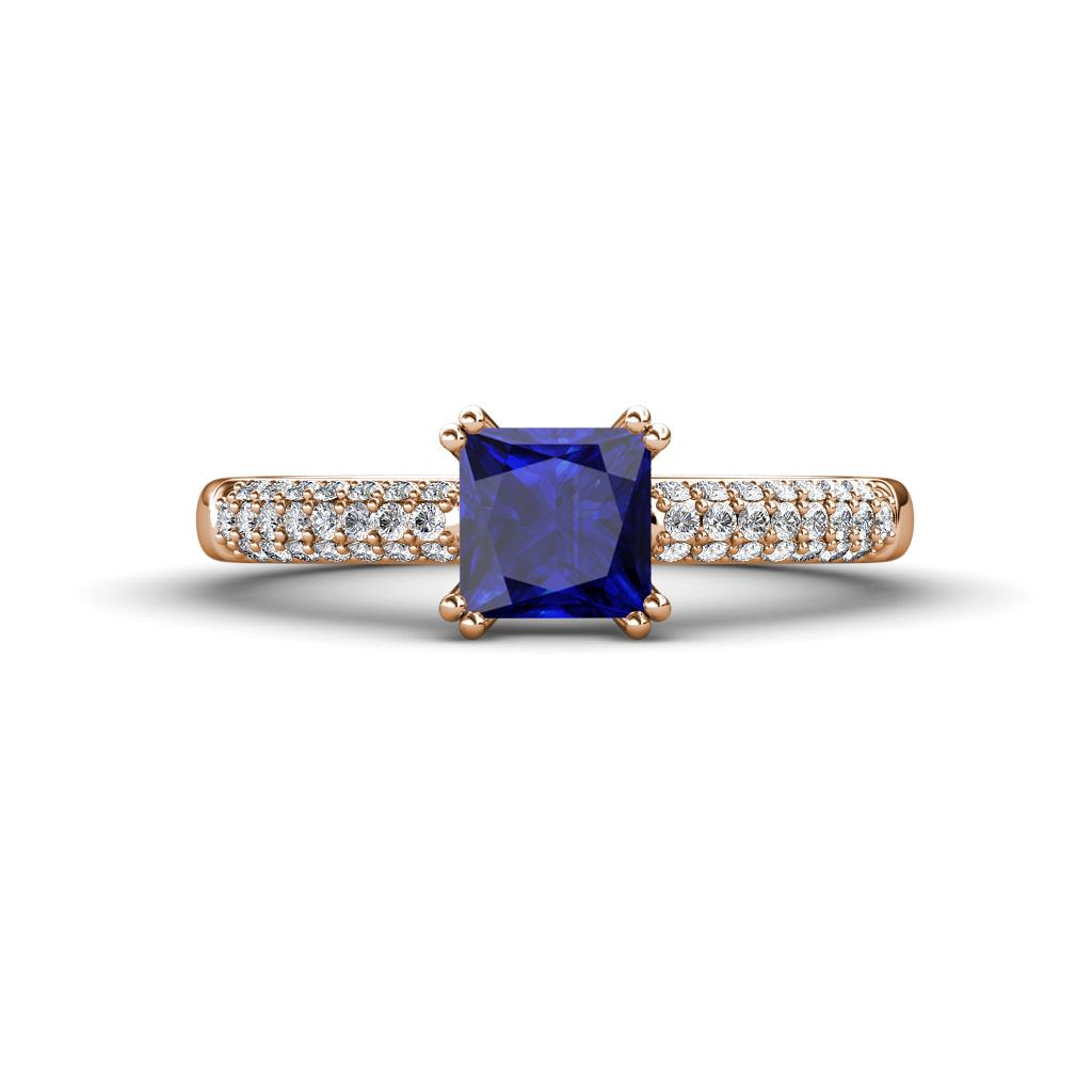 Serina Classic Princess Cut Lab Created Blue Sapphire and Round Lab Grown Diamond 3 Row Micro Pave Shank Engagement Ring 