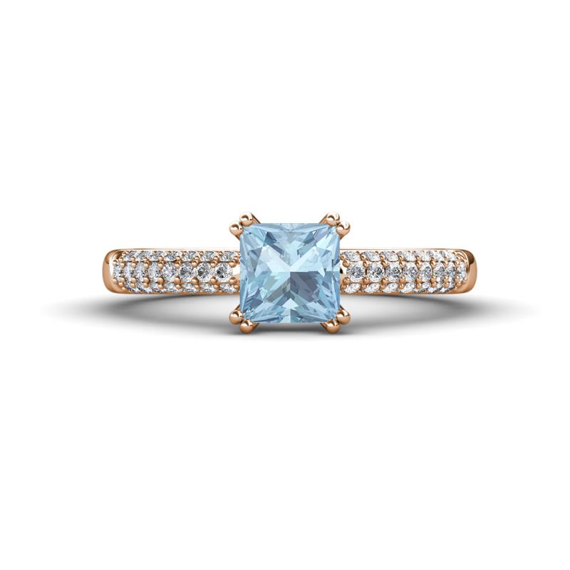 Serina Classic Princess Cut Aquamarine and Round Lab Grown Diamond 3 Row Micro Pave Shank Engagement Ring 