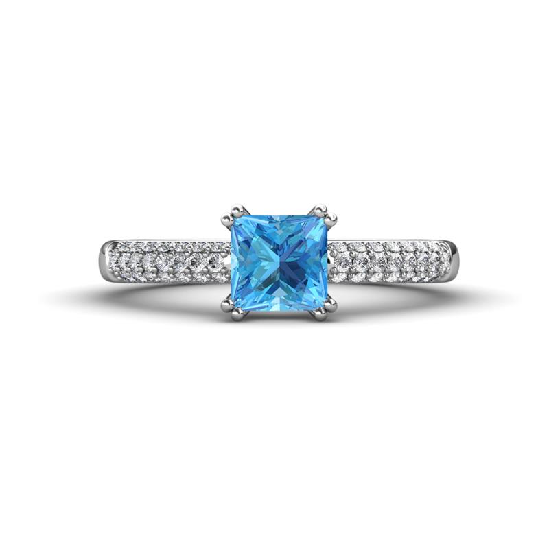 Serina Classic Princess Cut Blue Topaz and Round Lab Grown Diamond 3 Row Micro Pave Shank Engagement Ring 