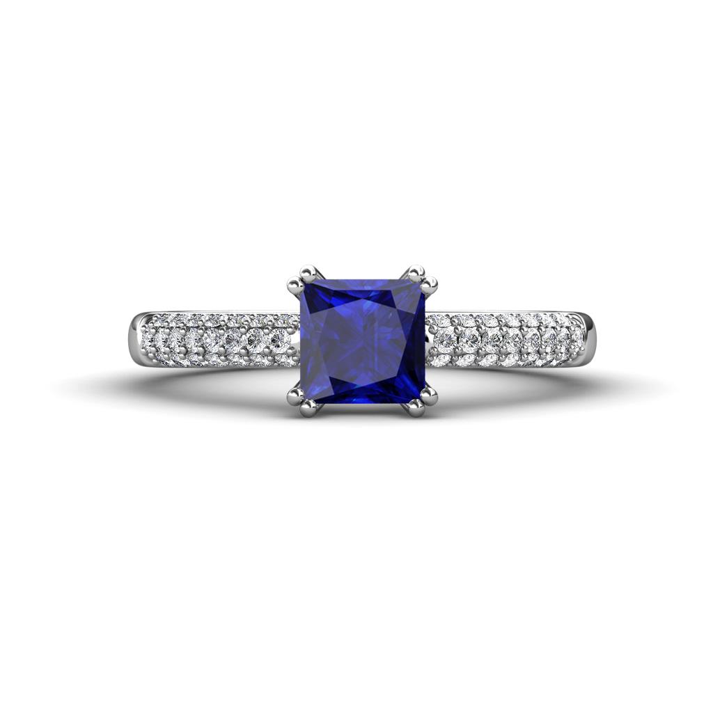 Serina Classic Princess Cut Lab Created Blue Sapphire and Round Lab Grown Diamond 3 Row Micro Pave Shank Engagement Ring 