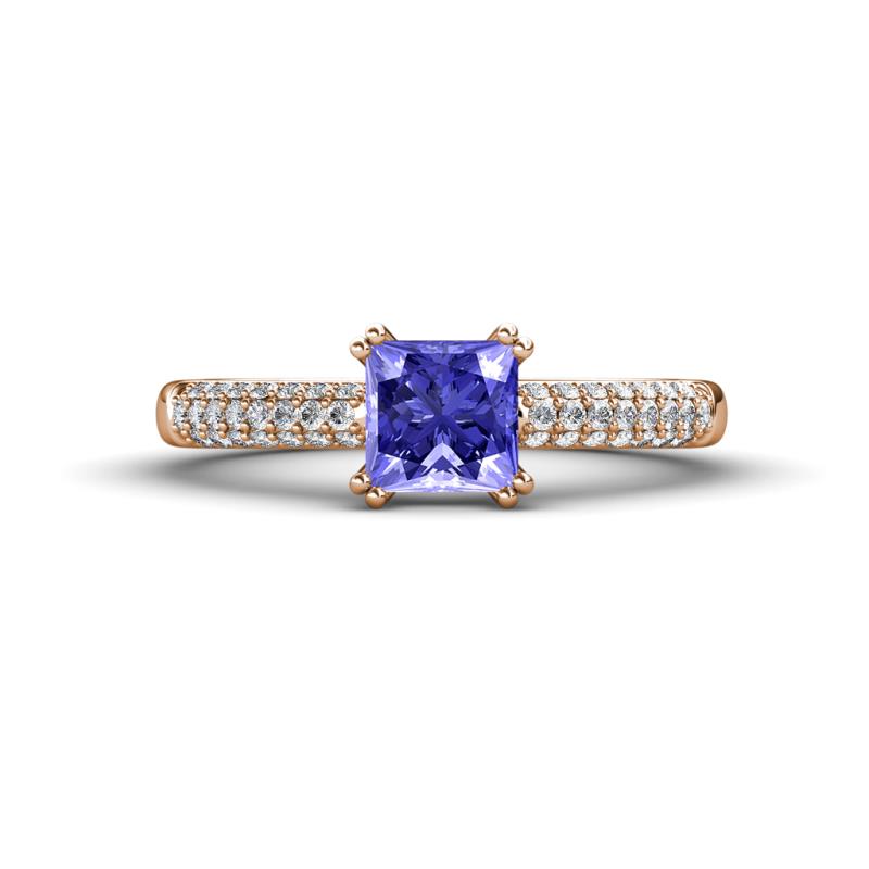 Serina Classic Princess Cut Tanzanite and Round Lab Grown Diamond 3 Row Micro Pave Shank Engagement Ring 