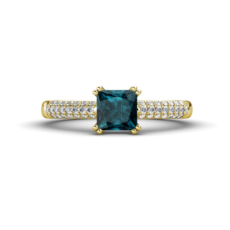 Serina Classic Princess Cut London Blue Topaz and Round Lab Grown Diamond 3 Row Micro Pave Shank Engagement Ring 