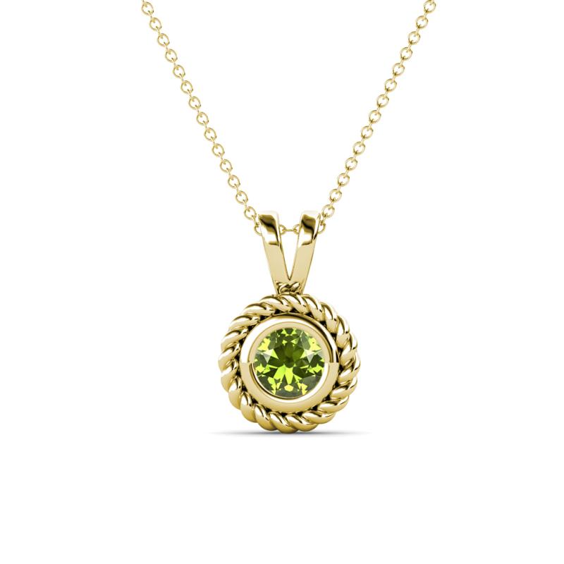 Juliya 5.00 mm Round Peridot Rope Edge Bezel Set Solitaire Pendant Necklace 