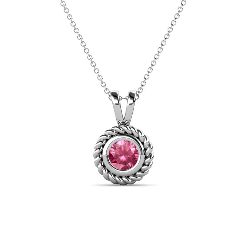 Juliya 5.00 mm Round Pink Tourmaline Rope Edge Bezel Set Solitaire Pendant Necklace 