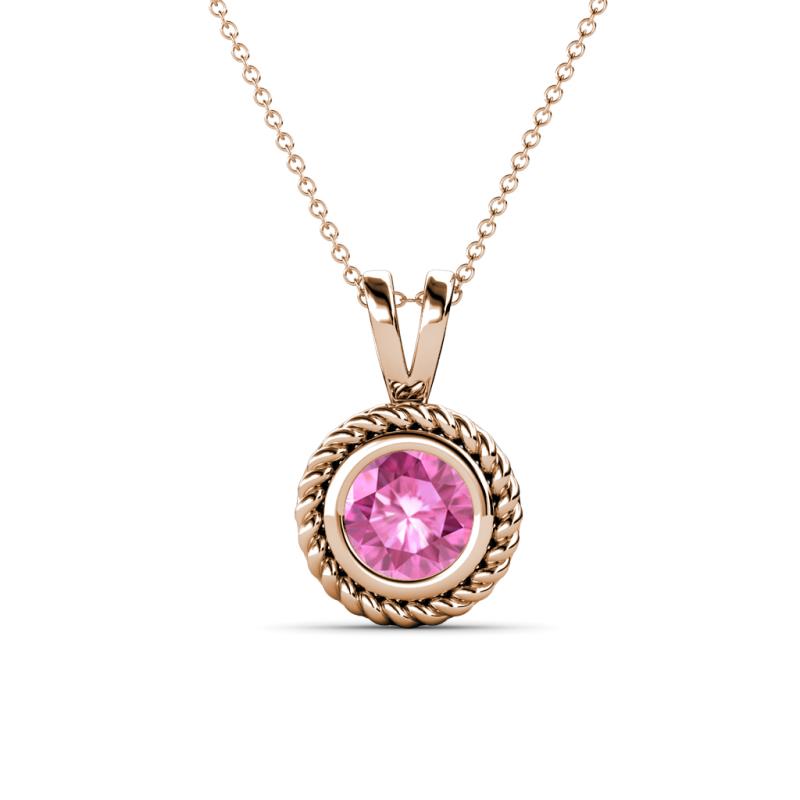 Juliya 6.00 mm Round Pink Sapphire Rope Edge Bezel Set Solitaire Pendant Necklace 