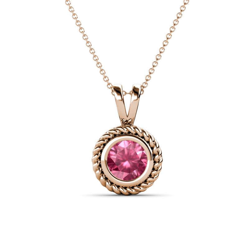 Juliya 6.50 mm Round Pink Tourmaline Rope Edge Bezel Set Solitaire Pendant Necklace 