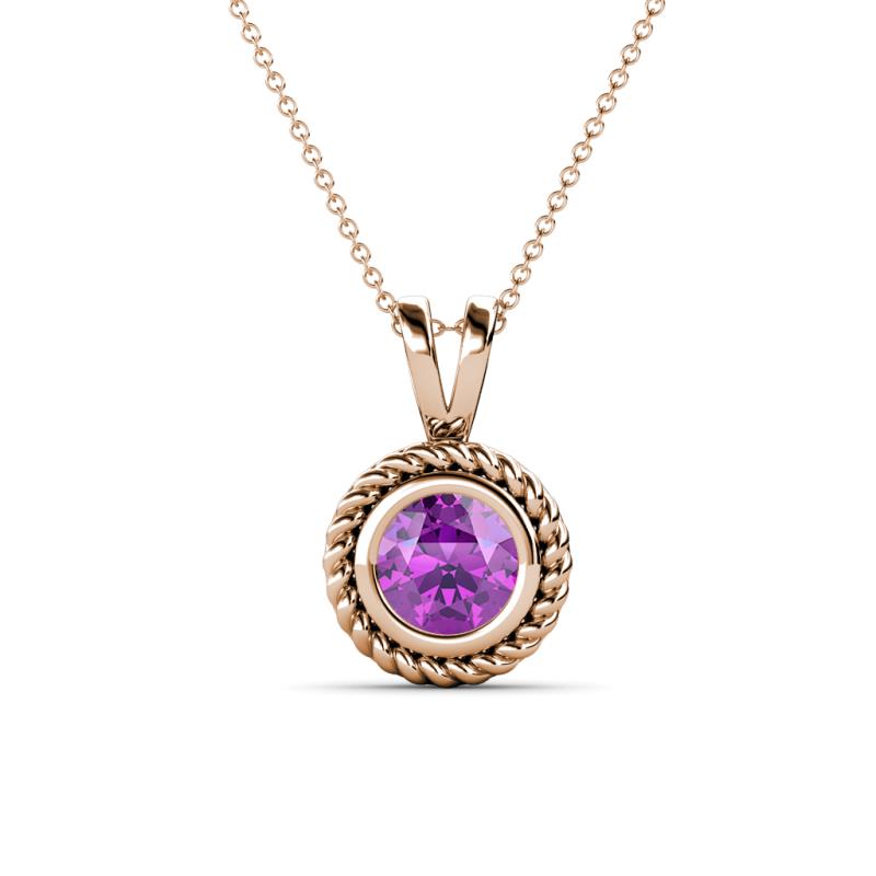 Juliya 6.50 mm Round Amethyst Rope Edge Bezel Set Solitaire Pendant Necklace 