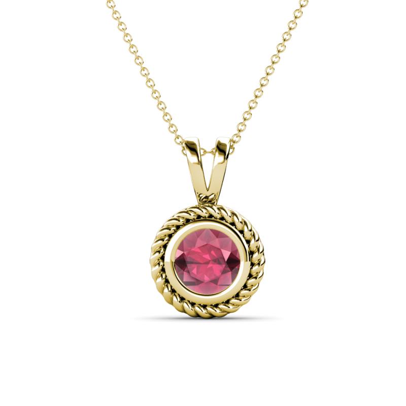 Juliya 6.50 mm Round Rhodolite Garnet Rope Edge Bezel Set Solitaire Pendant Necklace 