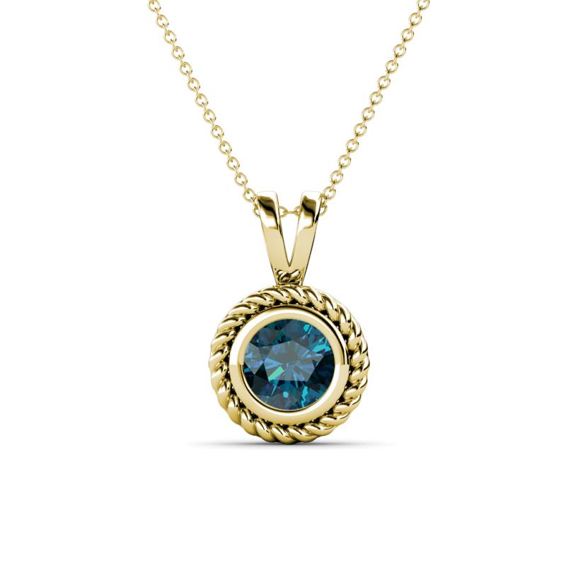 Juliya 6.50 mm Round Blue Diamond Rope Edge Bezel Set Solitaire Pendant Necklace 