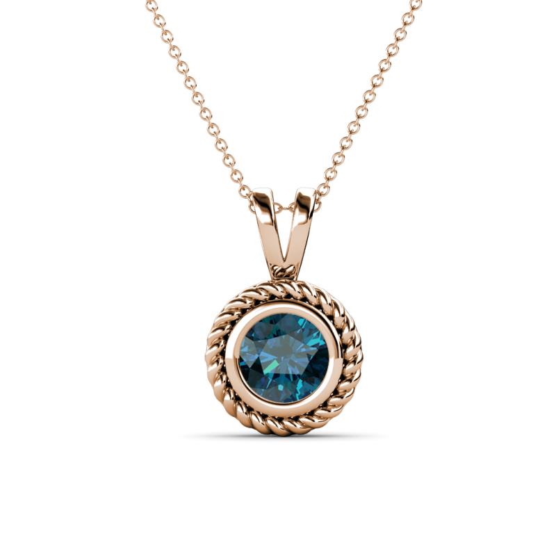 Juliya 6.50 mm Round Blue Diamond Rope Edge Bezel Set Solitaire Pendant Necklace 