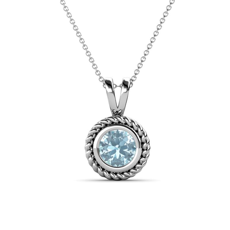 Juliya 6.50 mm Round Aquamarine Rope Edge Bezel Set Solitaire Pendant Necklace 