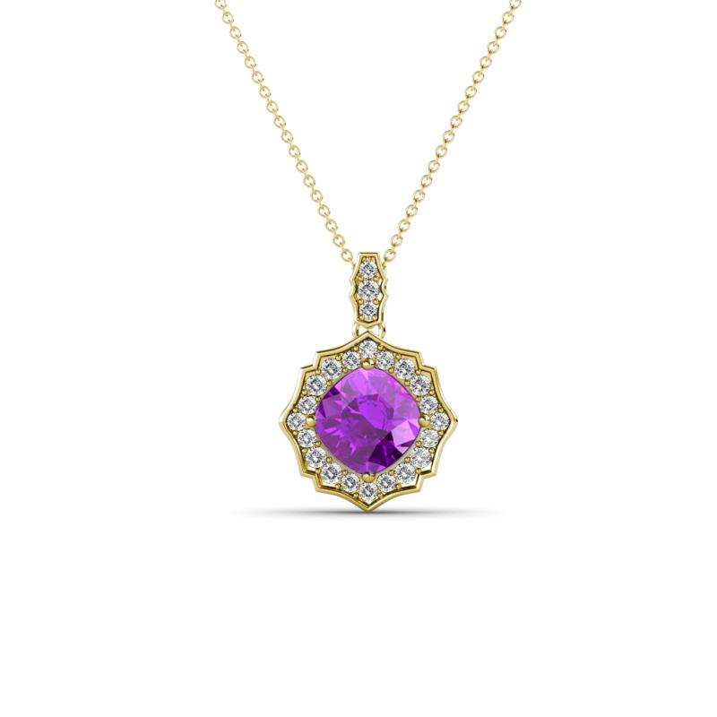Carmel 5.00 mm Cushion Cut Amethyst and Round Diamond Scallop Frame Halo Pendant Necklace 