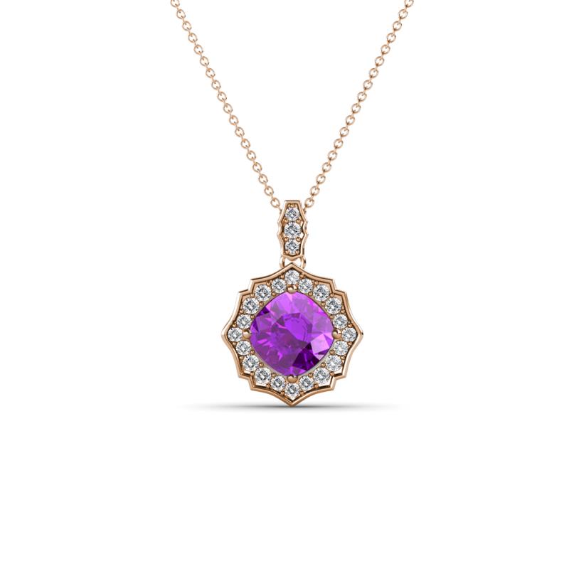 Carmel 5.00 mm Cushion Cut Amethyst and Round Diamond Scallop Frame Halo Pendant Necklace 