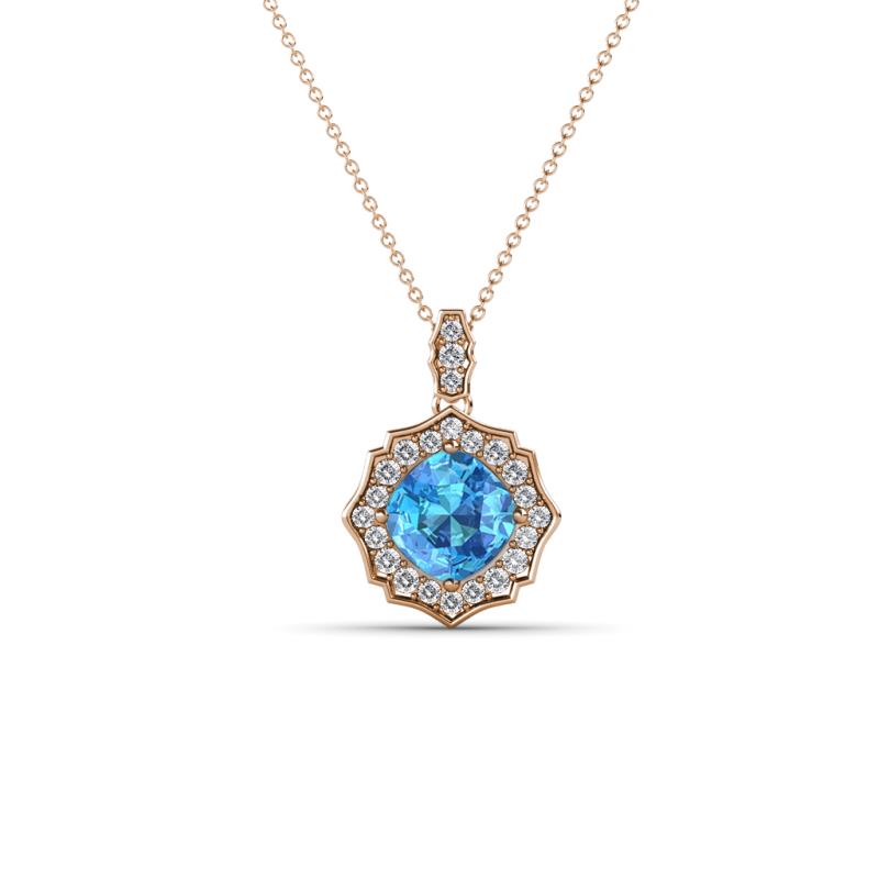 Carmel 5.00 mm Cushion Cut Blue Topaz and Round Diamond Scallop Frame Halo Pendant Necklace 