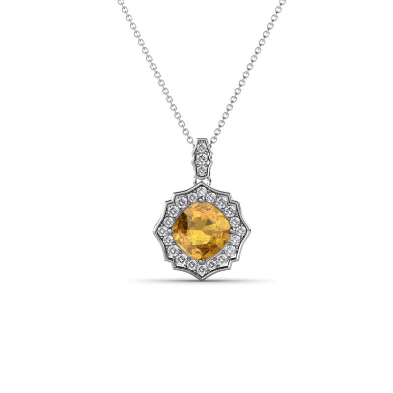 Carmel 5.00 mm Cushion Cut Citrine and Round Diamond Scallop Frame Halo Pendant Necklace 