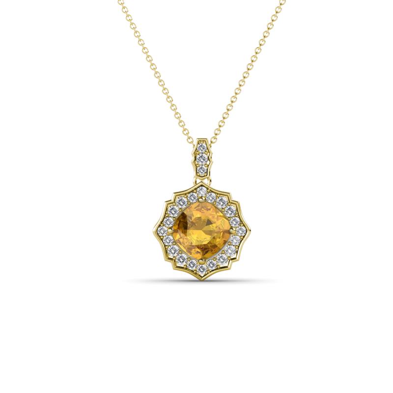 Carmel 5.00 mm Cushion Cut Citrine and Round Diamond Scallop Frame Halo Pendant Necklace 