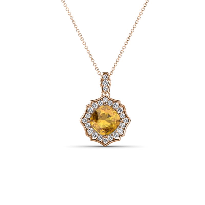 Carmel 5.00 mm Cushion Cut Citrine and Round Diamond Scallop Frame Halo Pendant Necklace 