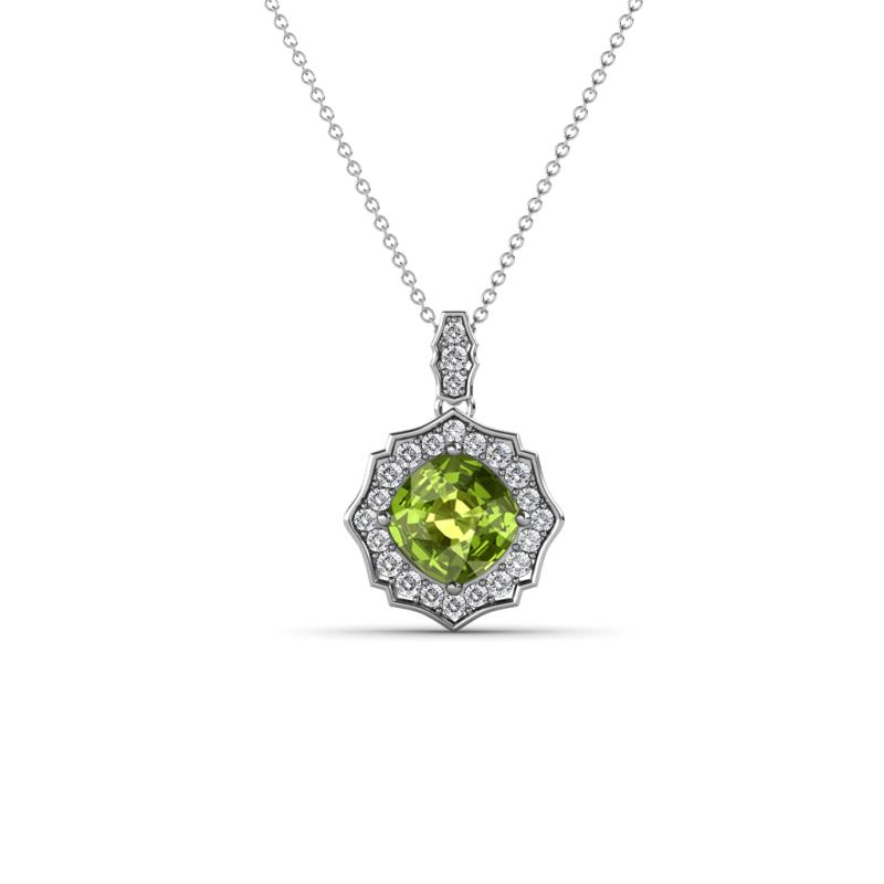 Carmel 5.00 mm Cushion Cut Peridot and Round Diamond Scallop Frame Halo Pendant Necklace 
